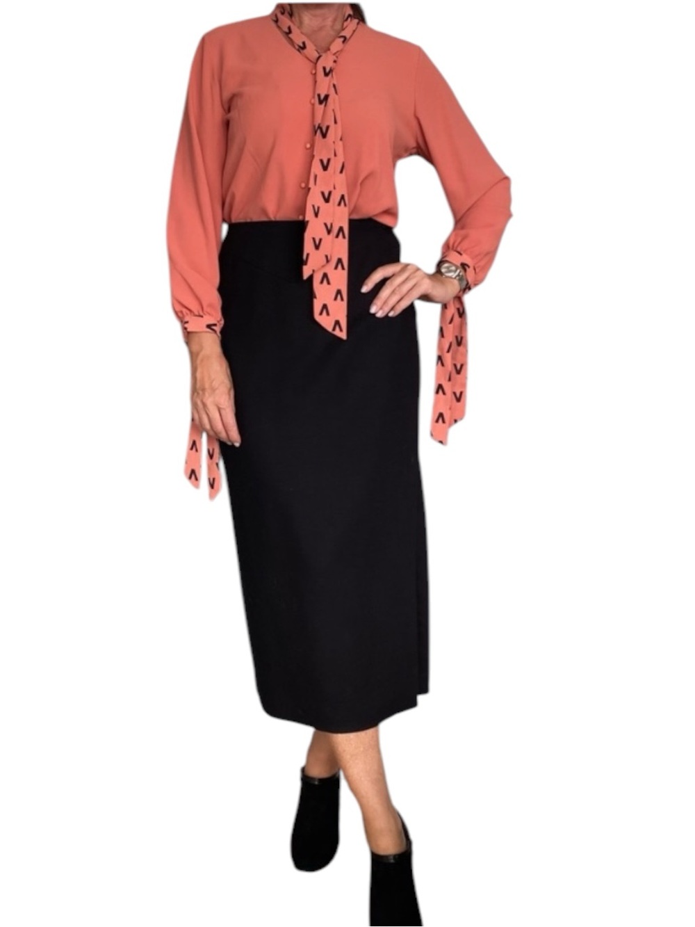 Teracotta button up blouse with neck tie and wrist tie Size XL